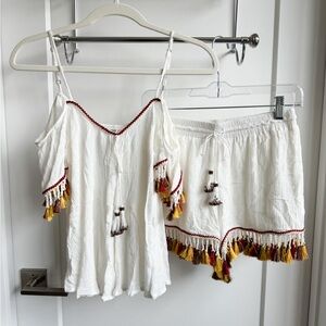 Band Of Gypsies (B.O.G) Tassel Trim Top and Shorts Set Cold Shoulder, XS & Small